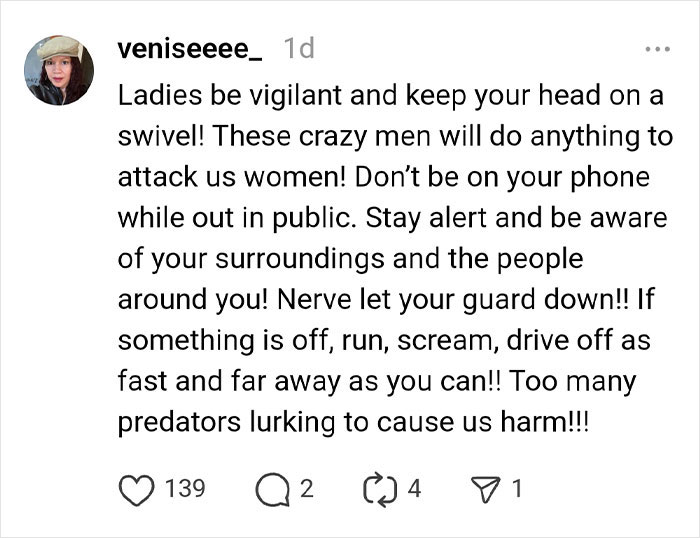 "Social media post warning women to stay vigilant against scams and predators.