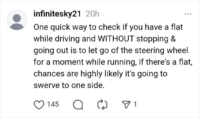 Screenshot of a social media post warning about a tire scam, explaining how to check for a flat tire while driving.