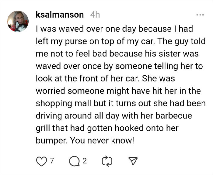 Social media post story about a car incident, highlighting a humorous lesson on awareness, related to tire scam warnings.