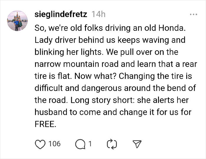 Instagram post about a potential tire scam, involving a helpful driver on a mountain road.