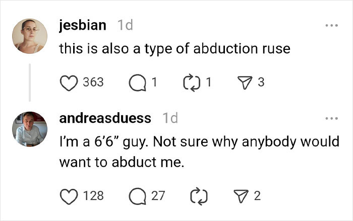 Comments discussing abduction related to tire scam warning.