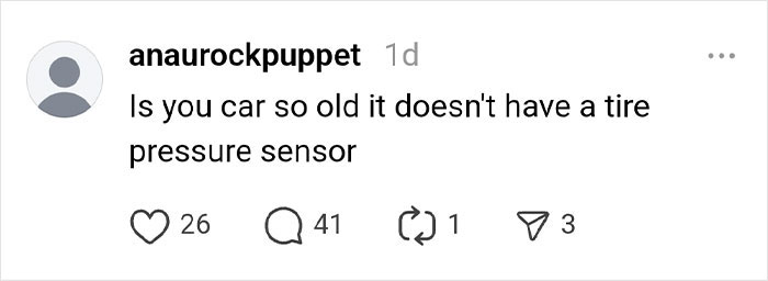 Social media post questioning old cars lacking tire sensors, hinting at a possible tire scam warning.