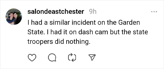 Instagram comment about a tire scam incident in the Garden State, mentioning unresponsive troopers.