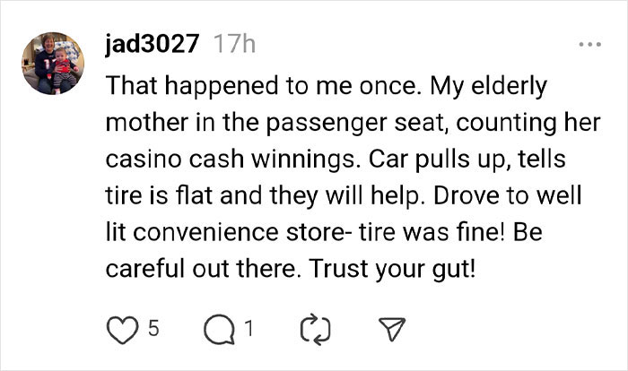 Instagram post warning about a tire scam involving a false flat tire alert in a convenience store parking lot.