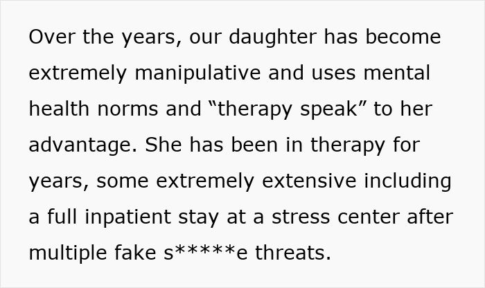 Text discussing a daughter&rsquo;s manipulative behavior, highlighting her use of therapy language and past inpatient treatment.