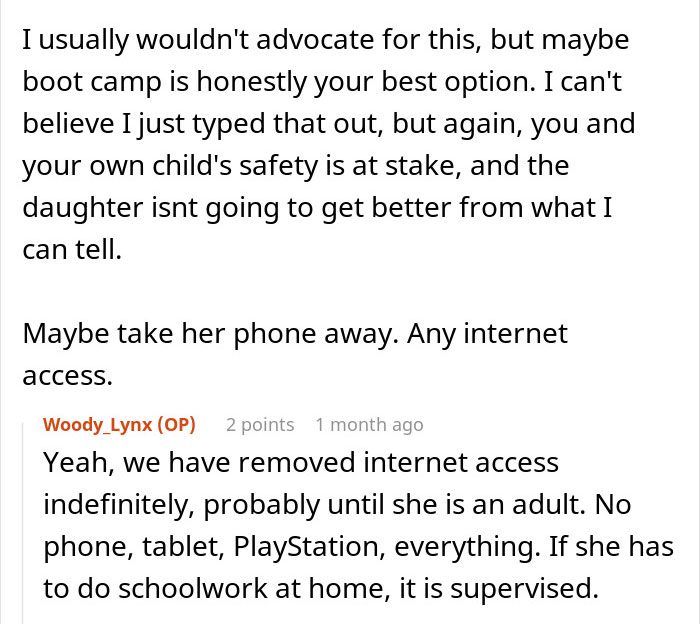 Text exchange discussing stepdaughter's lies and limited internet access advice.