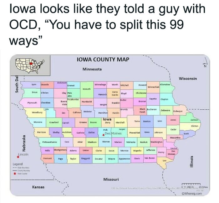 Map of Iowa with counties humorously compared to a meticulous division, reflecting the United States of Memes theme.
