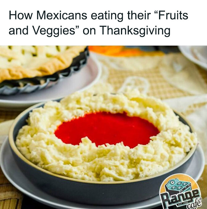 Thanksgiving meme showing a dish with mashed potatoes and red sauce in the center, humorously representing a state.