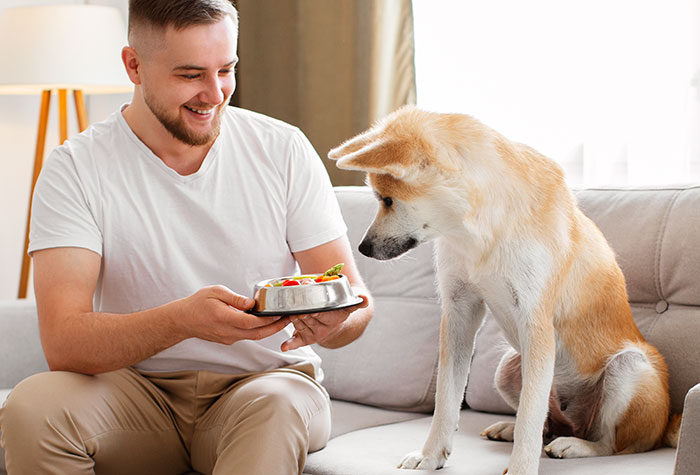 Man smiling at dog on couch, holding food bowl, showcasing the bond between humans and animals.