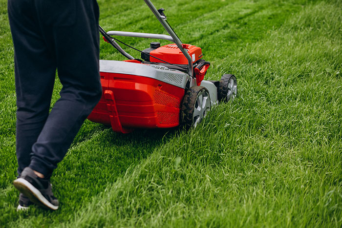 Person mowing grass with a red lawn mower, illustrating common lies men tell during chores.