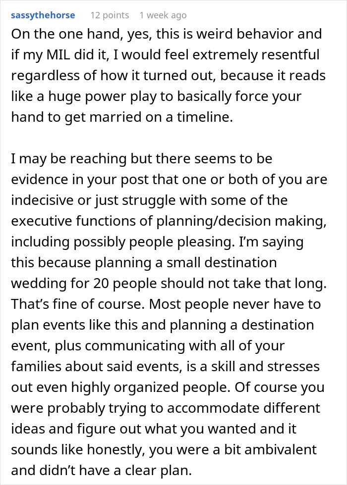 Text of a Reddit comment responding to a MIL choosing a couple's wedding date. Text of a Reddit comment responding to a MIL choosing a couple's wedding date.
