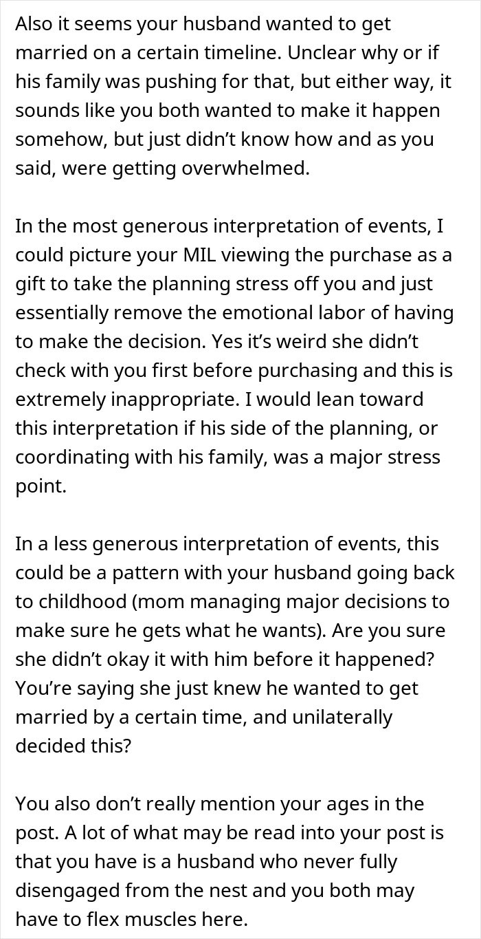 Text discussing MIL choosing couple's wedding date and its implications. Text discussing MIL choosing couple's wedding date and its implications.