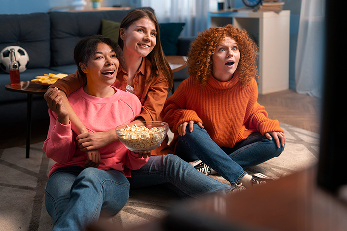 Three women sitting on the floor, excitedly watching TV, with a bowl of popcorn. Three women sitting on the floor, excitedly watching TV, with a bowl of popcorn.