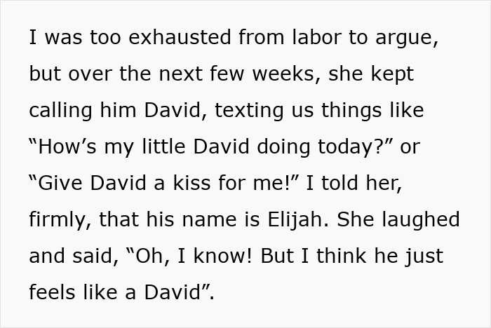 Text conversation where MIL insists on calling her grandson David instead of his actual name Elijah.