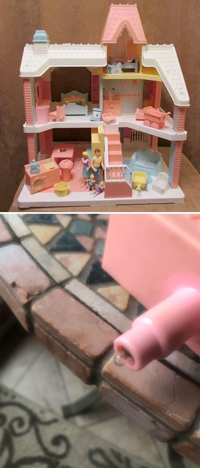 Vintage toy dollhouse with pastel colors and miniature figures, evoking childhood nostalgia.