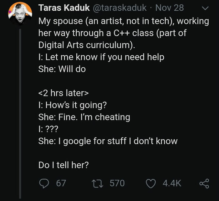 Tweet humorously depicts learning C++ and using Google, showcasing peak internet humor.