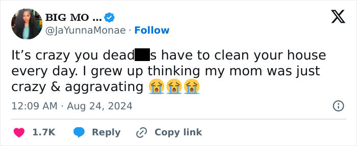 Tweet sharing peak internet humor about cleaning, with crying face emojis.