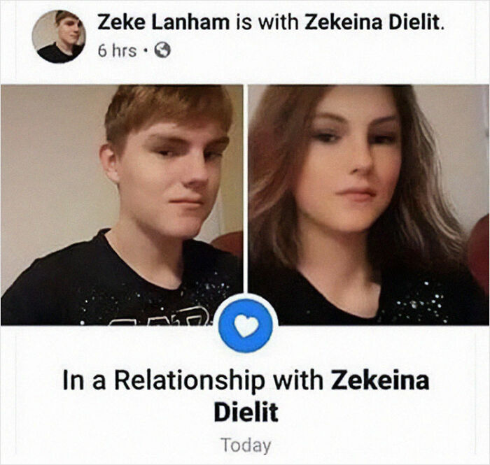 Social media post humorously showing a relationship status with altered images.