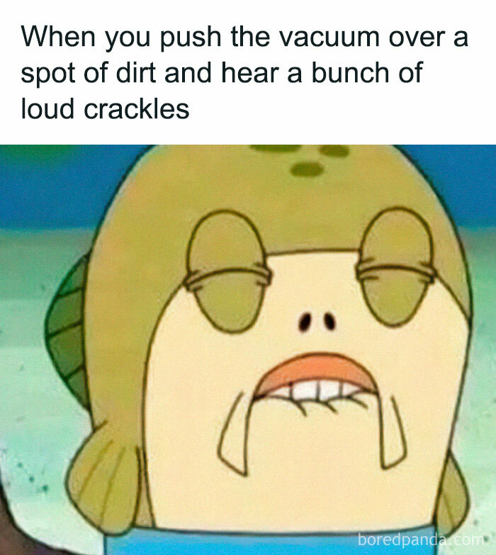 Cartoon character with a sarcastic expression capturing peak internet humor about vacuuming dirt.