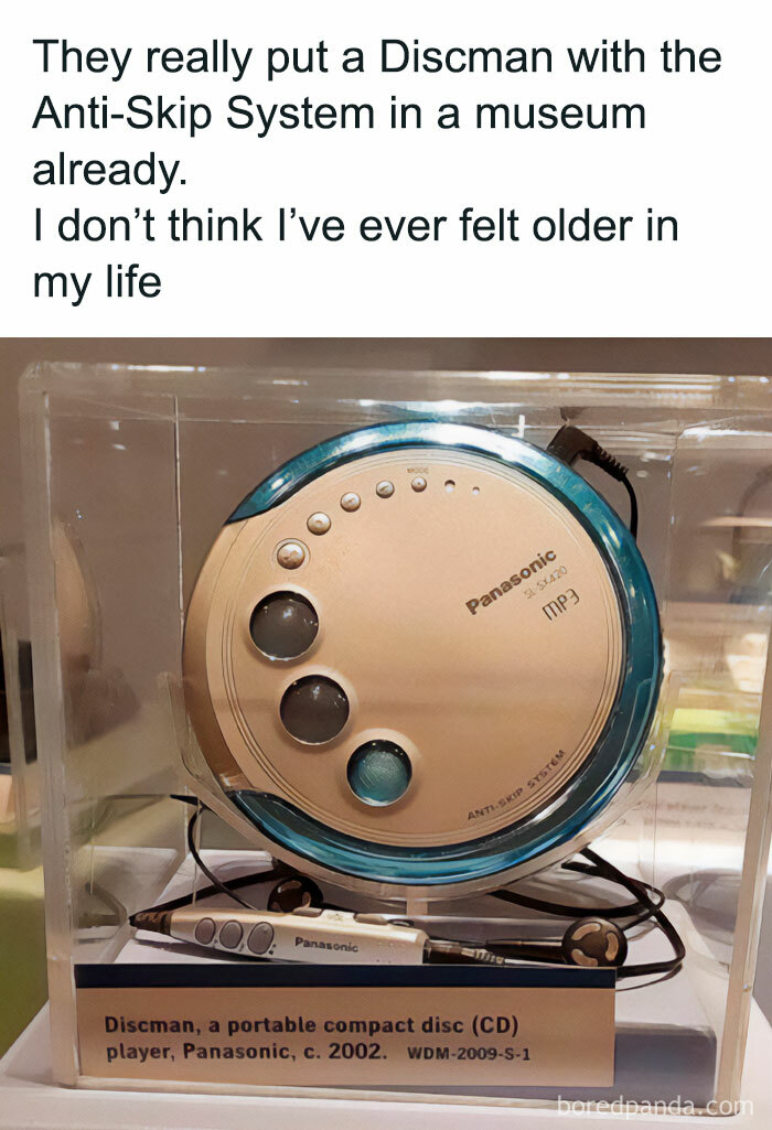 Discman in museum display, highlighting peak internet humor with nostalgic commentary.