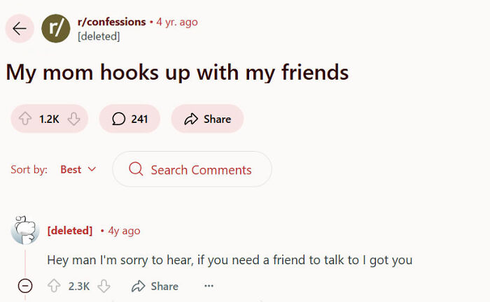 Reddit post humor example with "My mom hooks up with my friends" confession and supportive comment.