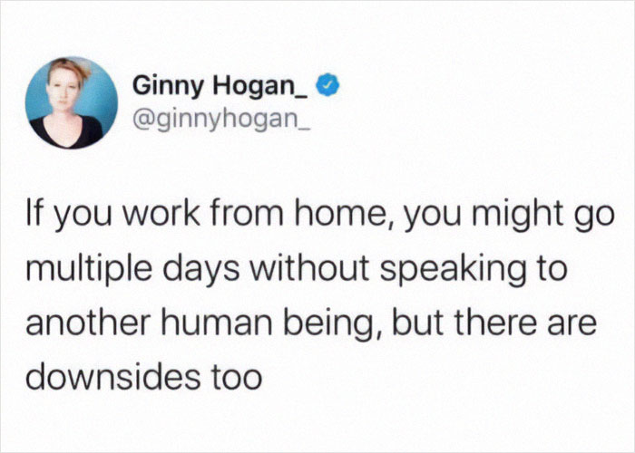 Humorous text about working from home, highlighting social downsides.