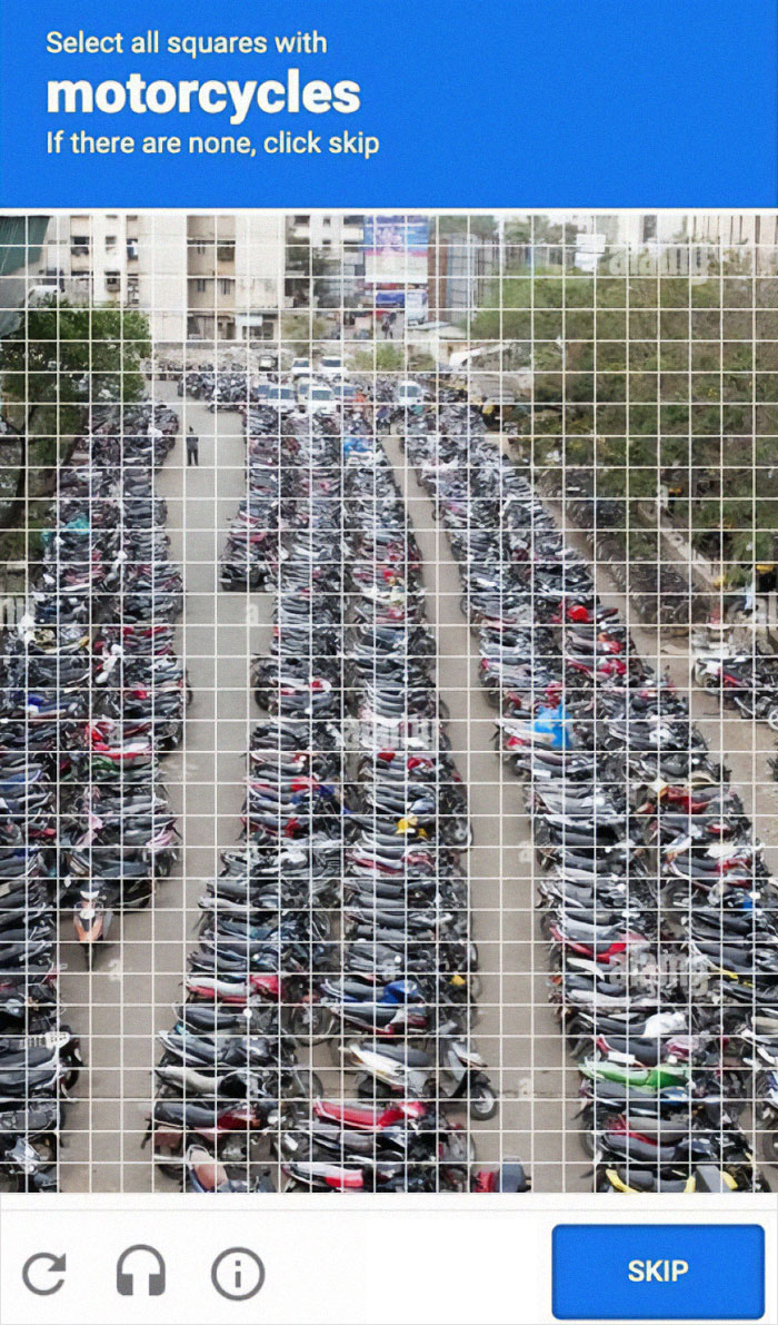 CAPTCHA asking to select squares with motorcycles, showing rows of parked motorcycles as peak internet humor example.