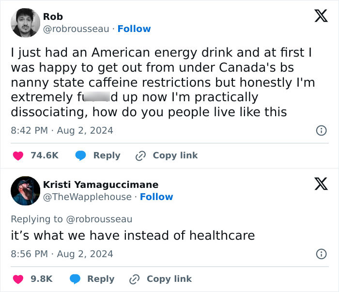 Text exchange showing peak internet humor about energy drinks and healthcare.