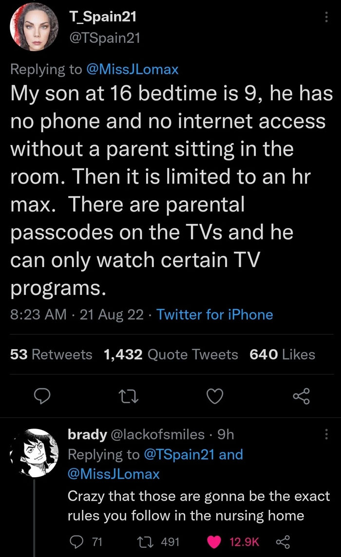 Tweet thread showcasing peak internet humor with a sarcastic reply about strict parenting rules.