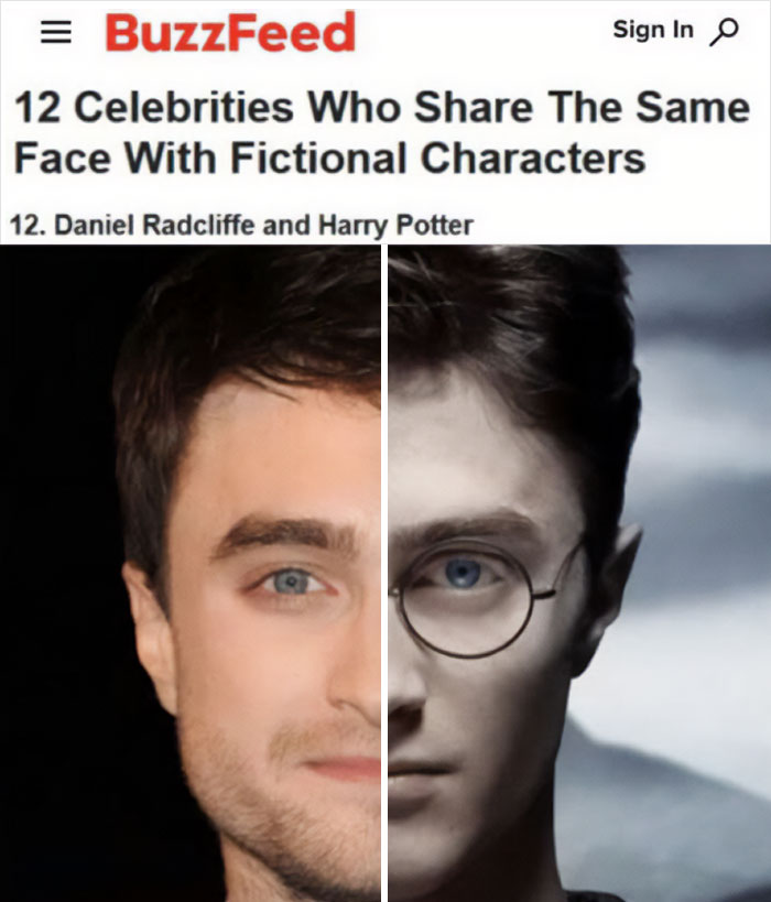 BuzzFeed article showing a split image of a celebrity and a fictional character, showcasing internet humor.