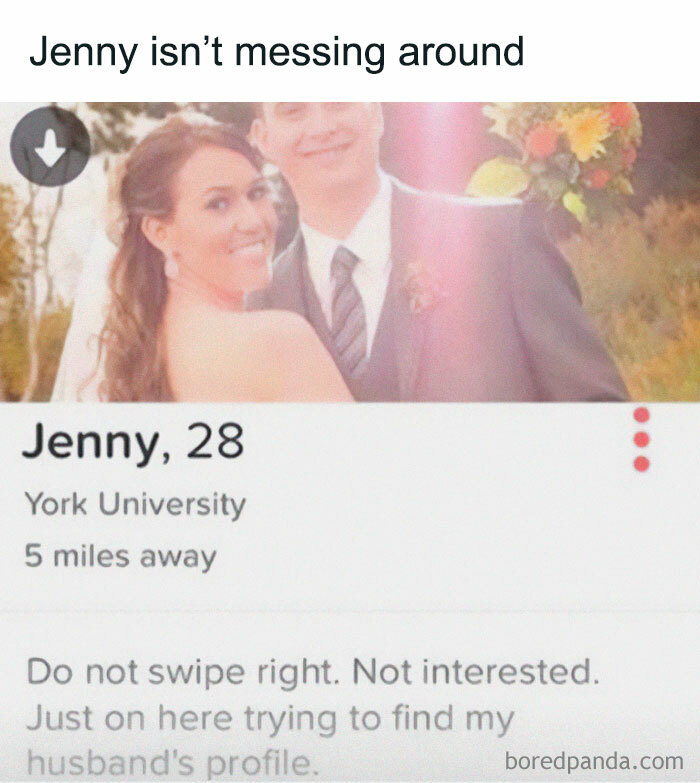 Wedding photo used in a humorous dating profile, a satirical example of peak internet humor.