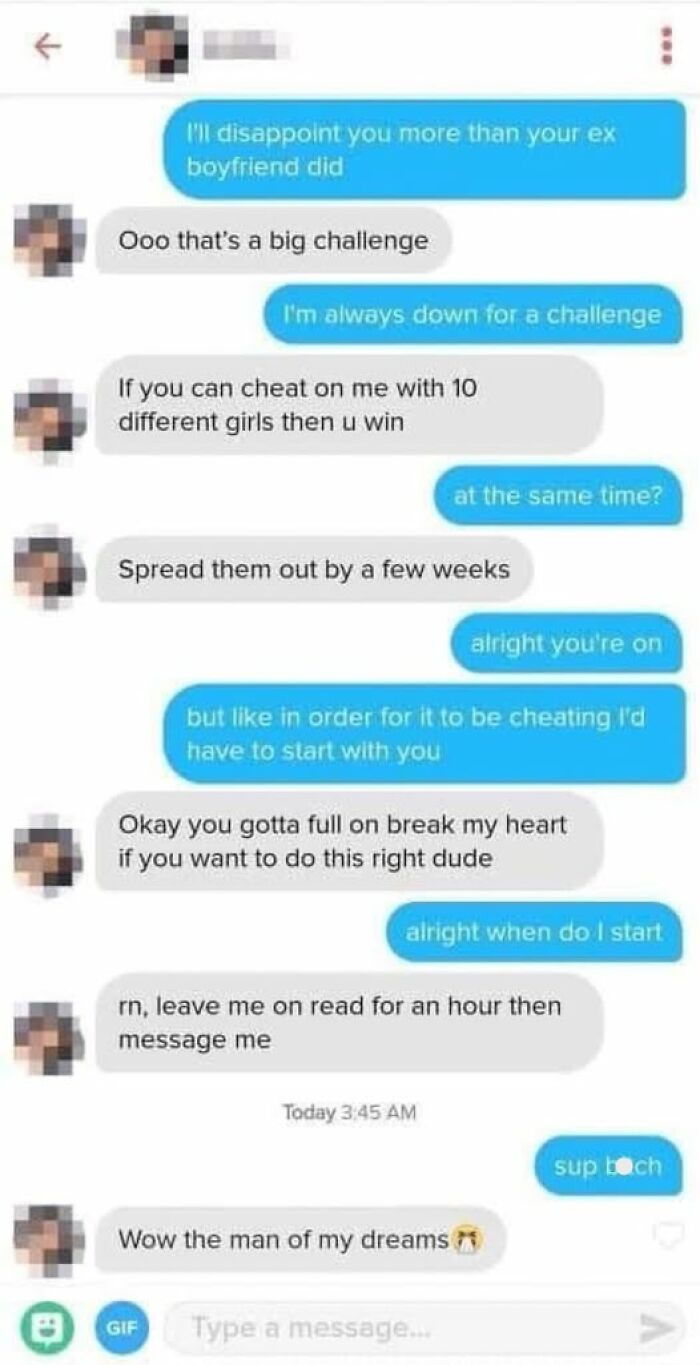 Text conversation showcasing peak internet humor with witty exchanges and playful challenges.