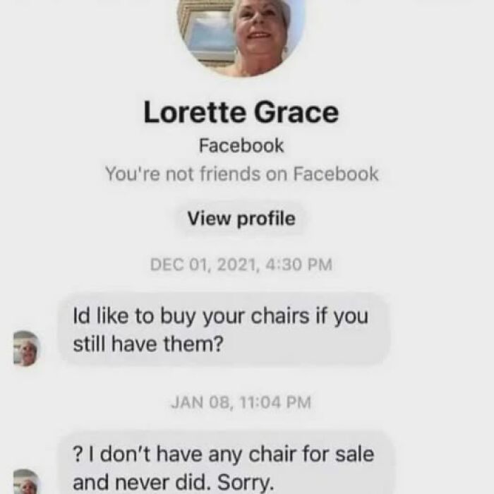 Facebook chat screenshot, showcasing peak internet humor with a message about buying chairs.