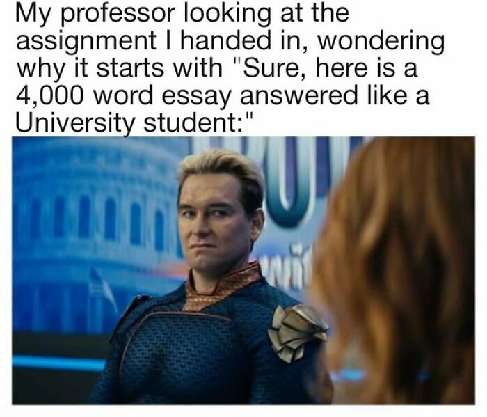 Man looking concerned, with text above describing humorous situation about a professor's reaction, showcasing internet humor.