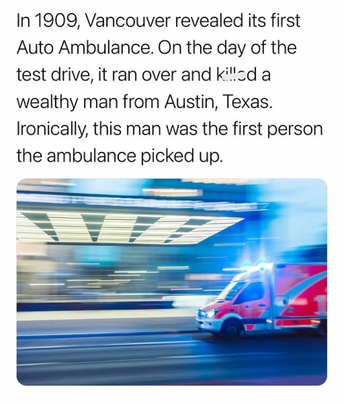 Ambulance in motion with ironic caption, example of peak internet humor.