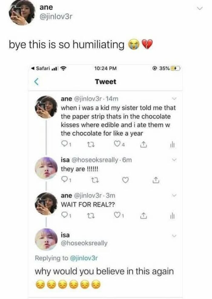 Screenshot of a humorous Twitter exchange about eating chocolate wrappers, highlighting peak internet humor.