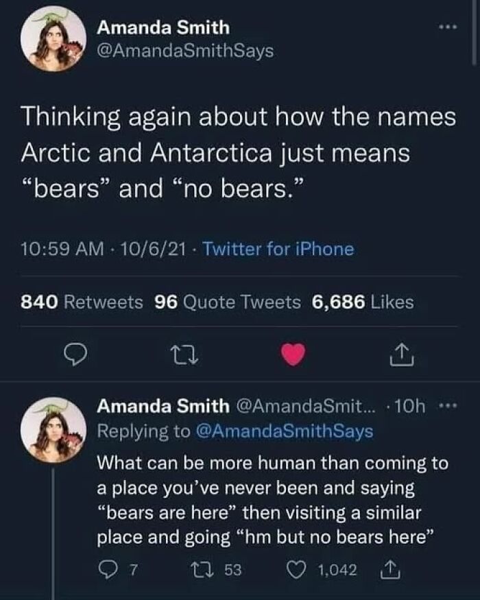 Twitter post humor about Arctic and Antarctic bears, shared by Amanda Smith.
