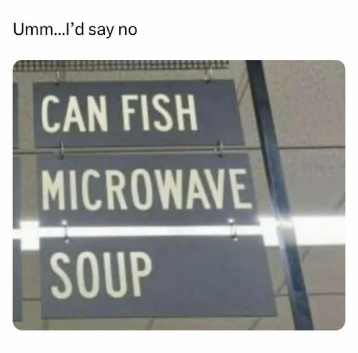 Sign reading "CAN FISH MICROWAVE SOUP" as a humorous example of peak internet humor.