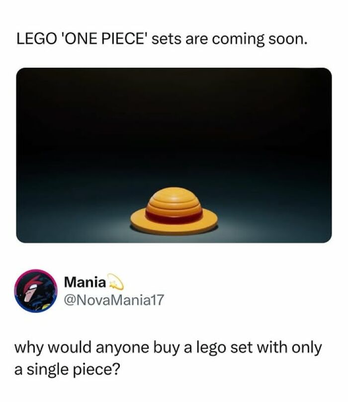 LEGO 'One Piece' hat and tweet humorously questioning a single piece set, showcasing peak internet humor.