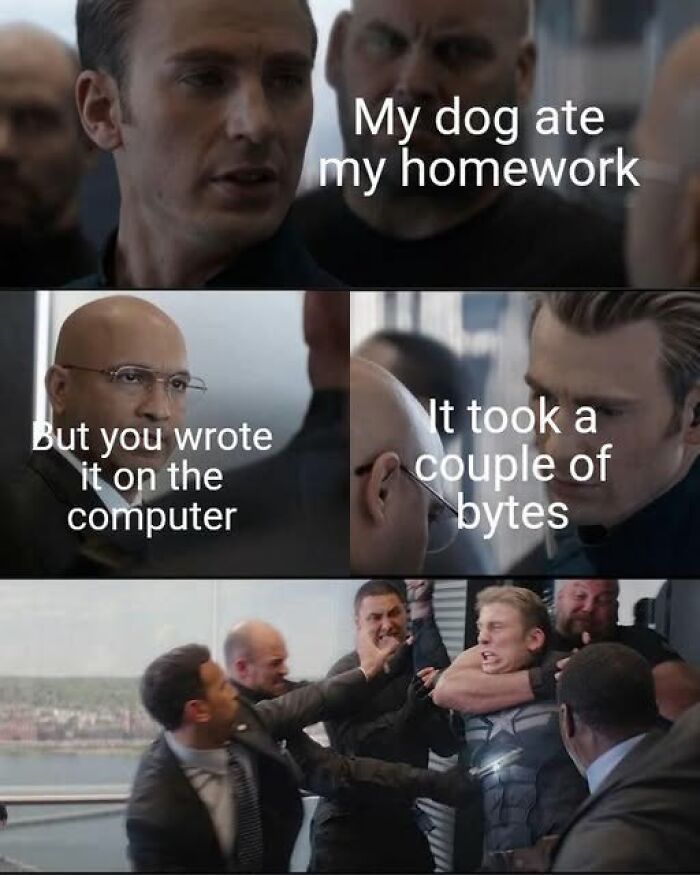 Comic-style image featuring humorous text about a dog eating homework, showcasing peak internet humor.