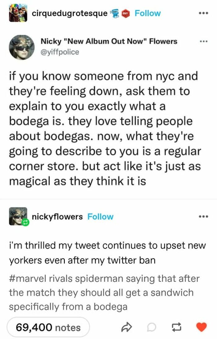 Text post about NYC residents explaining bodegas, with humor about upsetting New Yorkers.