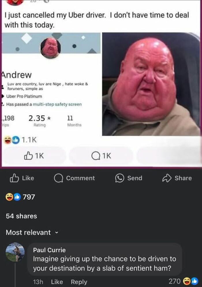Peak internet humor with a funny Uber driver profile and humorous Facebook comment.