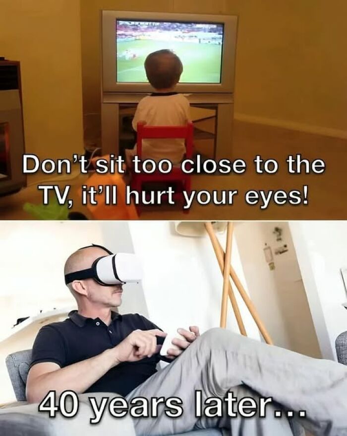 Child watching TV closely; adult using VR headset humorously depicts changing tech habits, capturing peak internet humor.