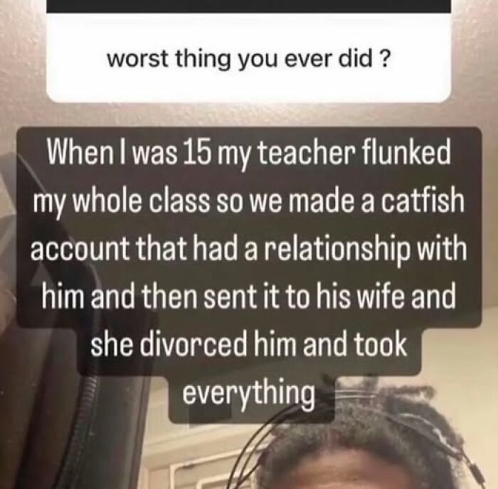 Text conversation showcasing peak internet humor about a catfish revenge story against a teacher.