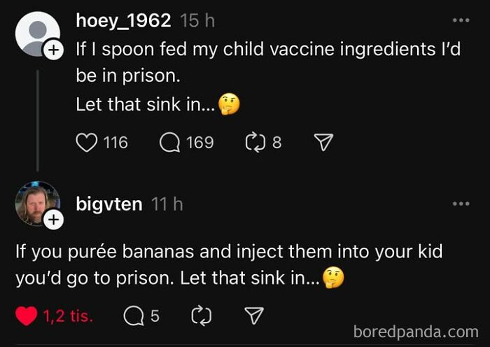 Humorous internet comment exchange about vaccines and bananas, showing classic peak internet humor.