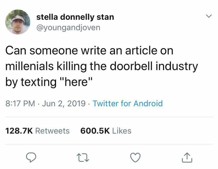Tweet humor: Millennials joking about texting "here" instead of using doorbells.