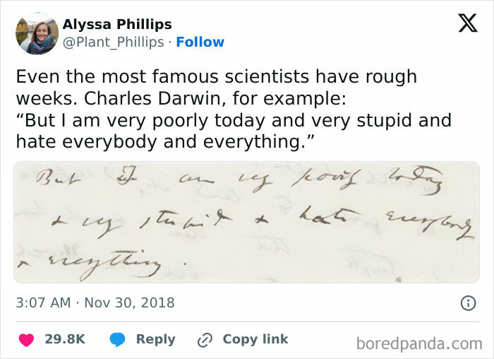 Tweet mocking Charles Darwin's humorous note, highlighting peak internet humor.