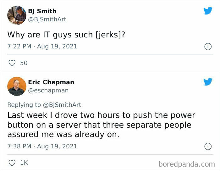 Two tweets showcasing peak internet humor about IT professionals and a server issue.