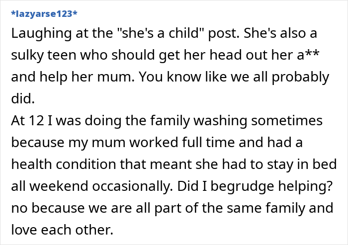 Text discusses a teen not helping mom with chores, emphasizing family teamwork. Text discusses a teen not helping mom with chores, emphasizing family teamwork.