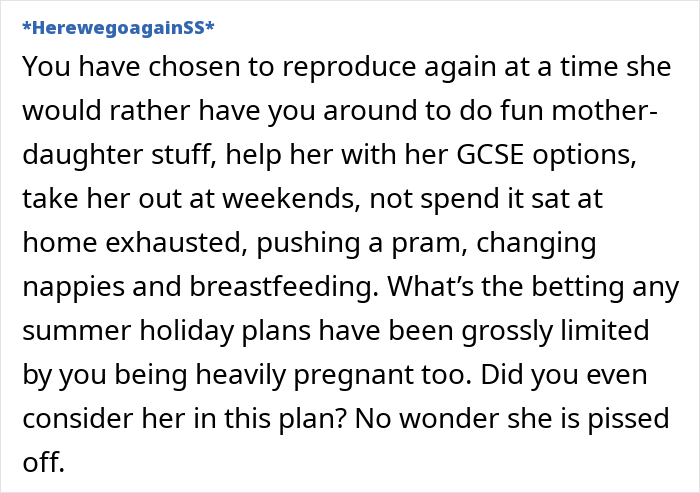 Text conversation about a mom upset her 14-year-old doesn't help after having another baby. Text conversation about a mom upset her 14-year-old doesn't help after having another baby.